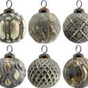 AuldHome Design Farmhouse Ball Ornaments (Set of 6, Antique Gold); Distressed Metal Glass Ball Vintage Style Christmas Decorations (Gray,gold,silver)