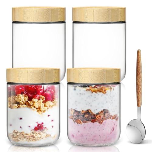 16oz Overnight Oats jars 4 Pack,Overnight Oats Containers with Bamboo Lids for Meal Prep,Wide mouth Mason Glass Salad Jars with Spoons,Glass Food Storage Container for Yogurt Chia Pudding Spice Sugar