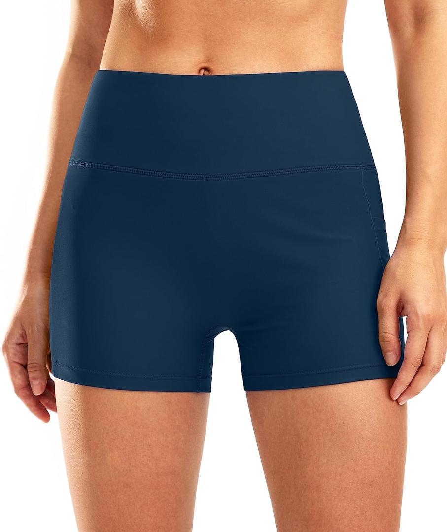 Pudolla Womens Swim Shorts High Waisted Bathing Bottom Shorts Tummy Control Board Swimsuit with Pockets (Small, Bright Ocean)