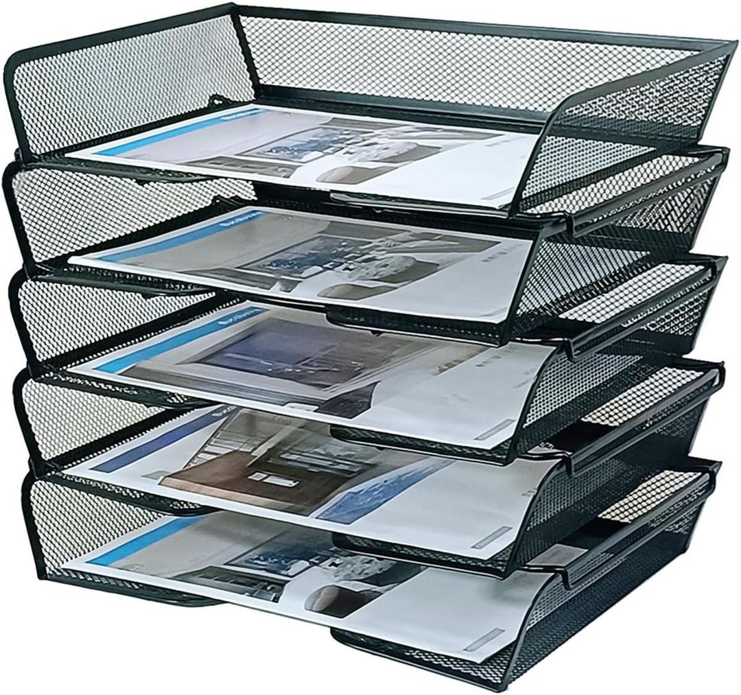 5 Tier Metal Mesh Desk Organizer-Stackable Letter Trays for Office Supplies,Black File Storage System with Reinforced Edges