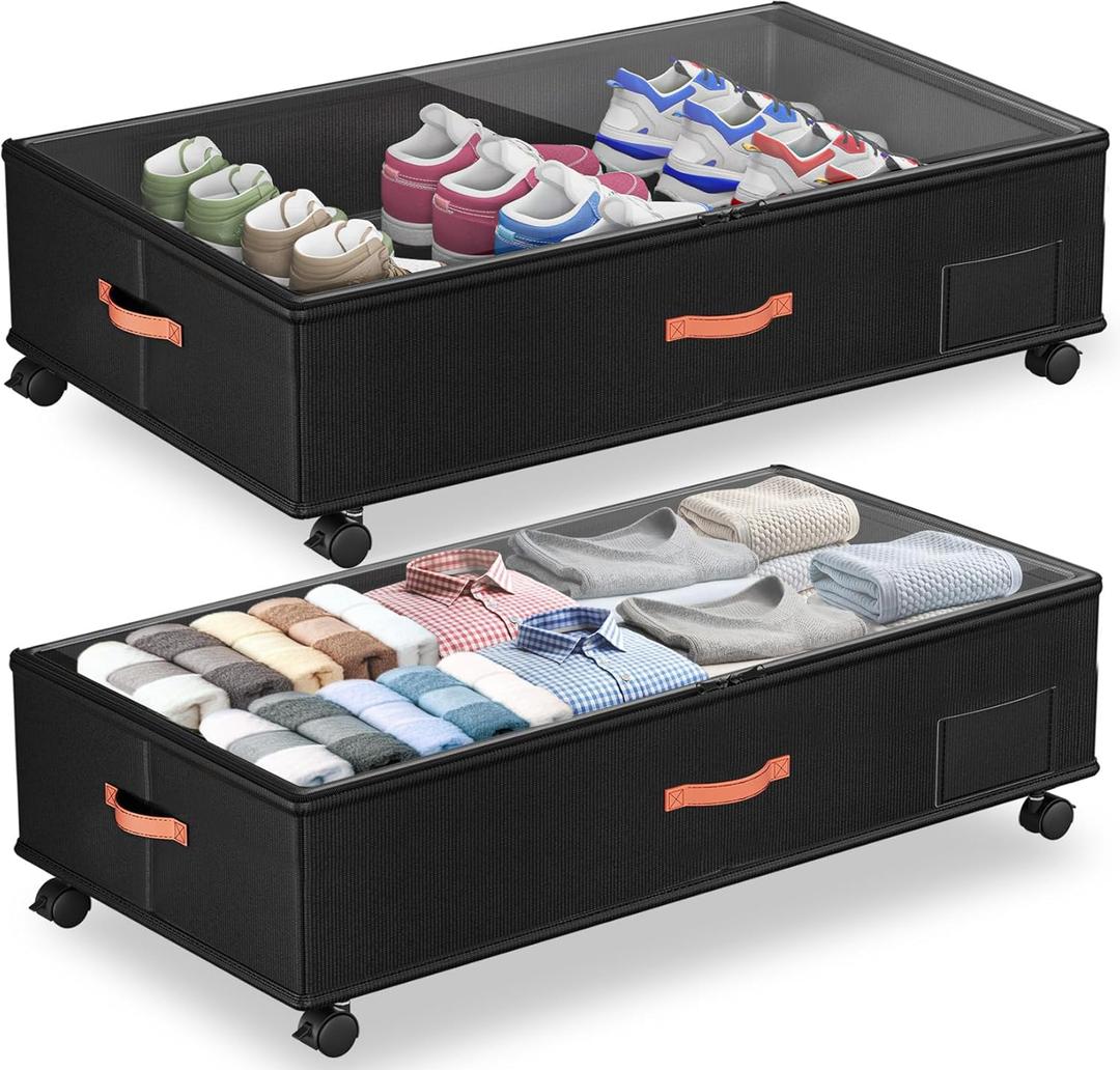 Under Bed Storage with Wheels,2-Pack Under Bed Storage Containers with Clear Lids, XXL Large Under the Bed Storage Organizer Bins With Handles, Space Saving Design for Clothes, Shoes, Books-Black