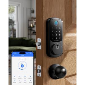 DESLOC B200 Fingerprint Smart Lock with 2 Knobs, Keyless Entry Front Door Lock Set, Electronic Keypad Deadbolt, App Control, Auto Lock, Long Battery Life,Matte Black