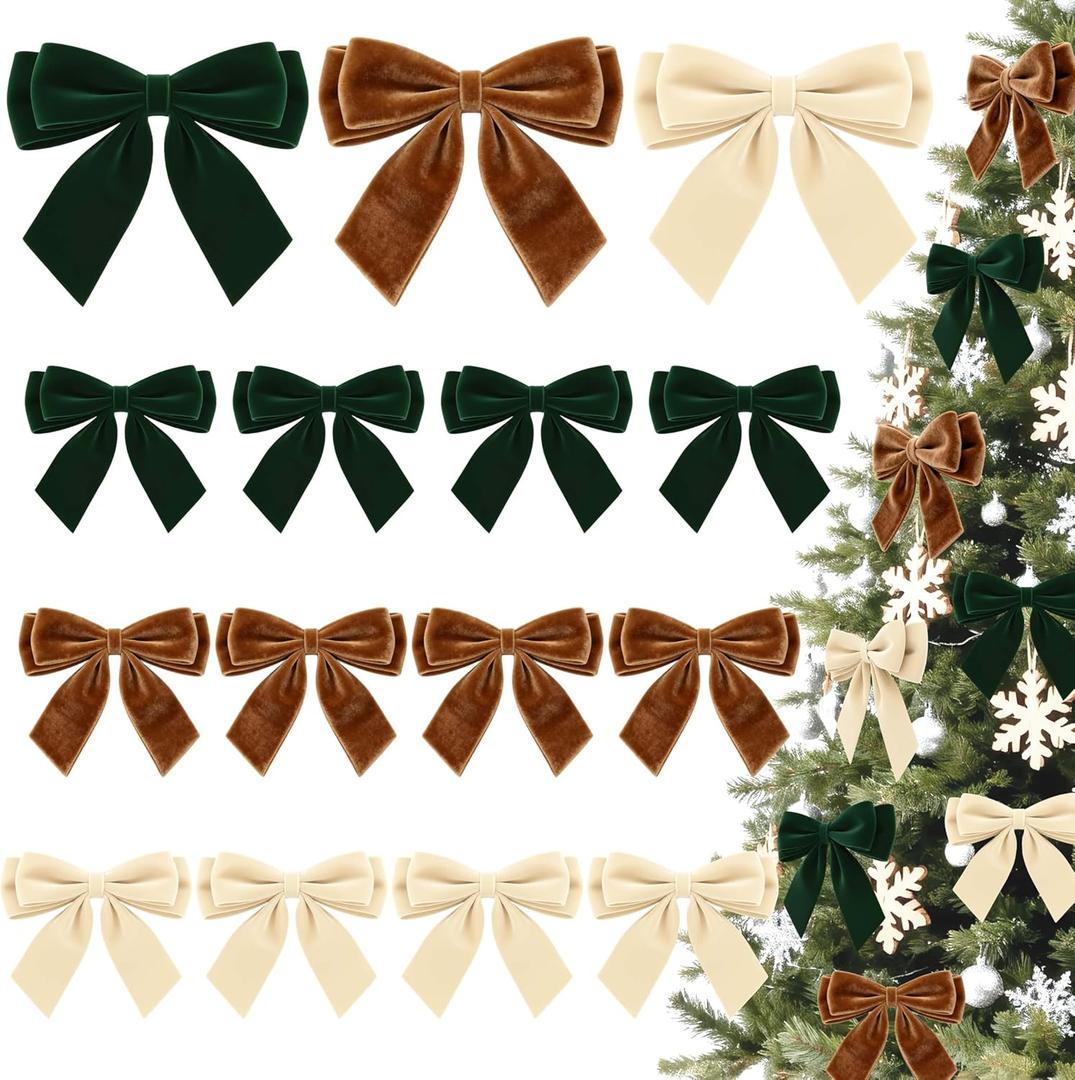 24Pcs Velvet Bows for Christmas Tree, Brown Beige Green Bows Christmas Decorations with Twist Tie, Bulk Vintage Velvet Ornaments for Wreath Garland Gift Wrapping Wedding Champagne Parties 3.5"x3.5"