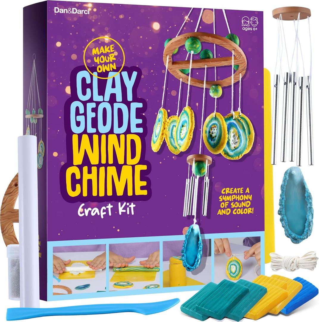 Dan&Darci DIY Clay Geode Wind Chime Craft Kit for Kids - Crafts for Girls Ages 8-12 - 6 7 8 9 10 Year Old Girl Birthday Gifts - Gift Ideas - Kid Art Kits Toys for Boys Age 8-10