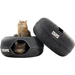 Cattasaurus Peekaboo Cat Cave Donut for Multiple & Large Cats up to 30-45 lbs, 3-in-1 Self Warming Cat Bed, Tunnel & Scratcher for Indoor Cats, Washable & Detachable (Dark Gray + Dark Gray, Large)