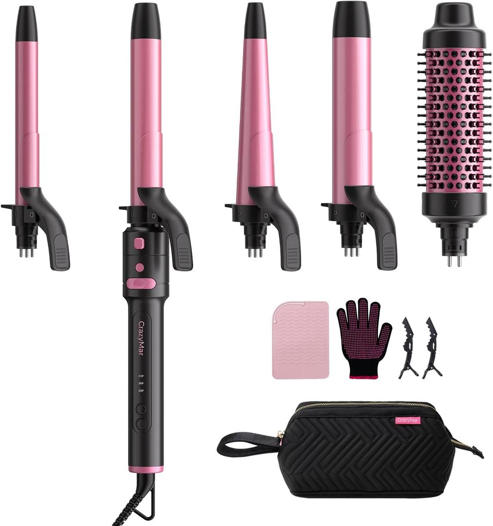5 in 1 Automatic Rotating Curling Iron Set, CrazyMar Curling Wand Set - 5 Barrels (3/4,1,1/4 Inch) Dual Voltage Curling Wand for Professional Hair Styling, Travel, Ceramic Coating (Black)