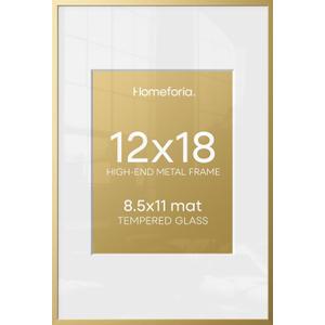 Homeforia 12x18 Picture Frame Gold, High End Metal 12x18 Poster Frames with Mat 8.5x11 Photo, 12 x 18 Gold Frame Matted to 8.5 by 11 Print, 18x12 Thin Hanging Frame, Tempered Glass, Wall Kit, Set of 1