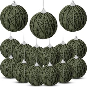 Jenaai 15 Pcs Neutral Christmas Ornaments Balls Bulk 3.15 Inch Yarn Rustic Farmhouse Christmas Tree Ball Ornament Boho Handmade Xmas Hanging Decoration for Tree Party Holiday Decoration(Green)
