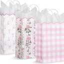 LemonSecret 24 Pcs Pink Bow Gift Bags with Handles Flower Plaid Party Favor Candy Goodie Bags with Wave Edge for Weddings Birthday Bridal Shower Party Supplies, 8.3 x 6 x 3.2 Inches
