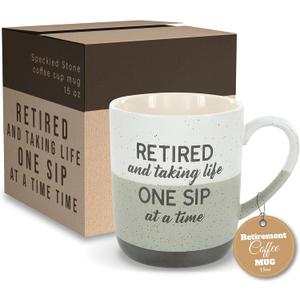 Pavilion Retirement Coffee Mug - "Retired & Taking Life One Sip at a Time" Text Design - Speckled Stoneware Coffee Cup for Retirees, Microwave & Dishwasher Safe, Beige w/ Bronze Metallic Bottom, 15 oz