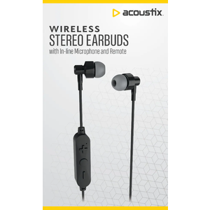 Acoustix Wireless Stereo Earbuds w In-Line Microphone and Remote (Black)
