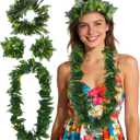 PartyKindom 4-Piece Artificial Green Leaf Hawaiian Lei Set, Headband, Necklace & Wristbands for Luau Tropical Beach Party, Girls Women Hula Costume Accessories