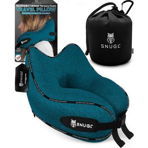 SNUGL Travel Pillow  Memory Foam Pillows - Neck Pillow for Airplane with Carry Bag & Clip  Neck Support Pillows for Pain Relief - Airplane Travel Essentials (Adult Regular - Teal)