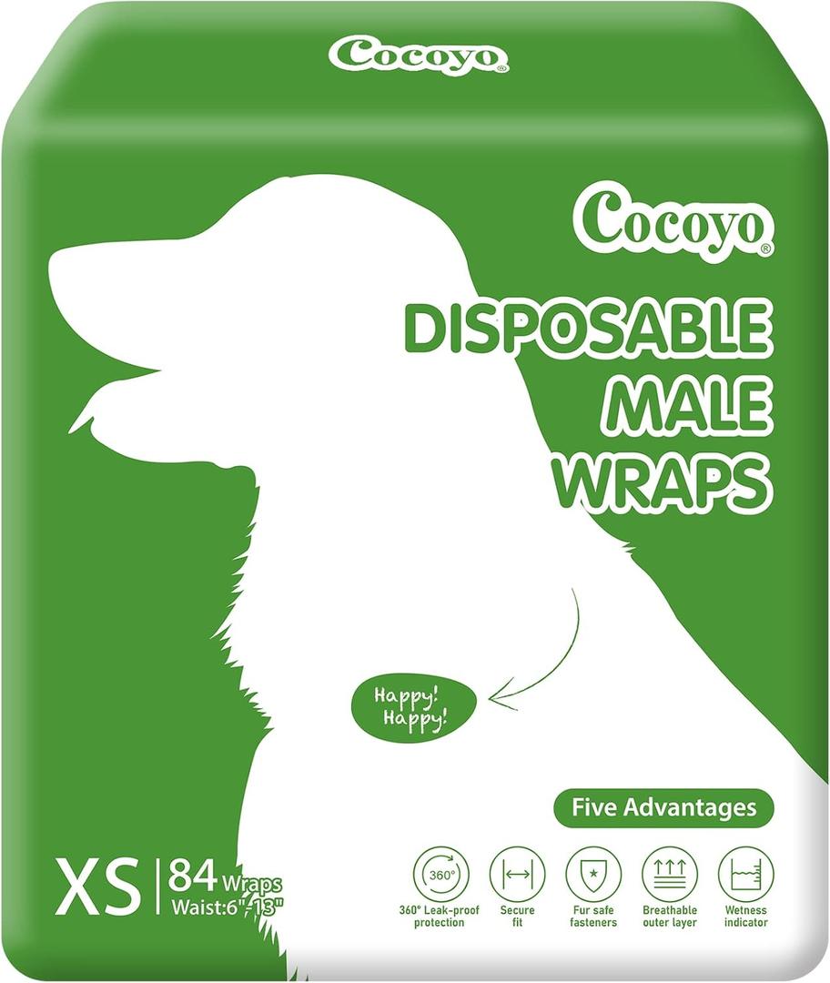 COCOYO Disposable Male Dog Wraps, Extra Small Size, 84 Count, Super Absorbent, Breathable, Wetness Indicator Green