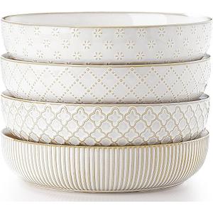getstar Pasta Bowls, Large Salad Serving Bowls (8.2 inch/35 oz), Ceramic Bowl Plates Set of 4, Farmhouse Embossments, Microwave and Dishwasher Safe