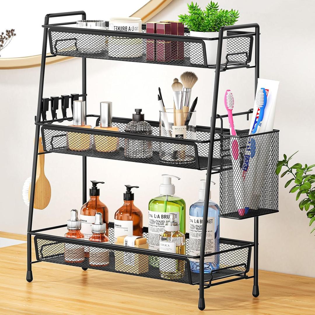 VITVITI 3-Tier Bathroom Organizer Countertop, Metal Wire Mesh Bathroom Counter Organizer Storage with Basket Hooks, Vanity Tray Shelf, Kitchen Spice Rack (Black)
