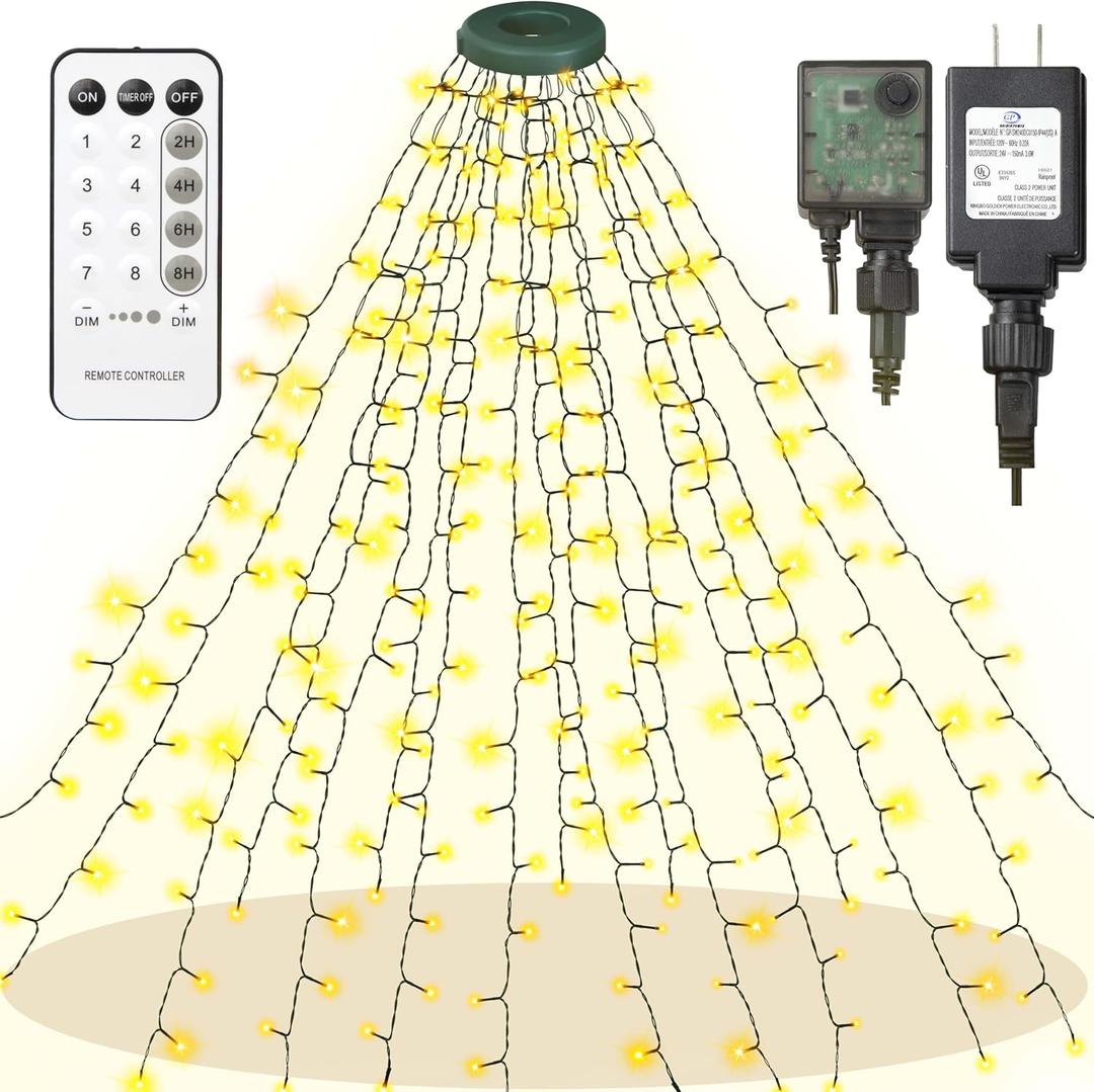 Christmas Tree Lights, 448 LED Waterfall Tree Topper Lights with 8 Lighting Modes, 8.2ft16 Lines Plug in Twinkle Lights with Remote Control for Indoor Outdoor Christmas Tree Decoration (Warm White)