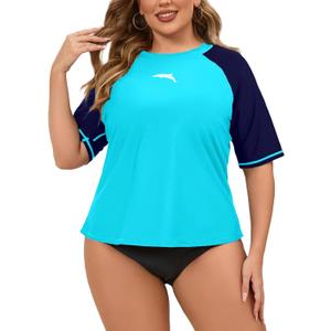 Halcurt Women's Plus Size Rash Guard Short Sleeve Swim Shirts Loose Fit UPF50+ Sun Protection Swimsuit Top Only (3X, Light Blue)