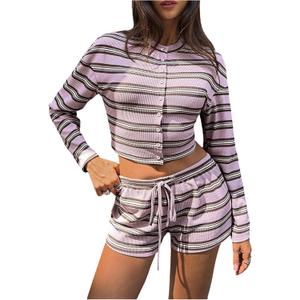 MakeMeChic Women's 2 Piece Spring Outfits Striped Long Sleeve Button Down Crew Neck Cardigan and Mini Shorts Set