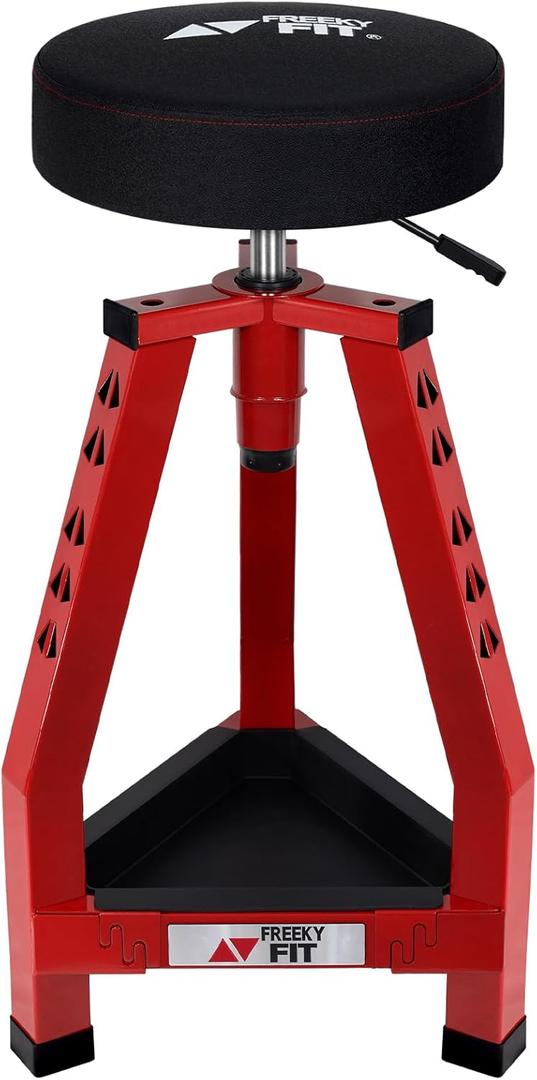 Adjustable Tall Shop Stool, Mechanic Garage Bar Stool Chair, Work Metal Chair for Workshop,360 Swivel Padded Seat, Tool Tray Storage, 350 LBS Capacity, Heavy Duty, Red (Red/30.7-33.07 Inch)