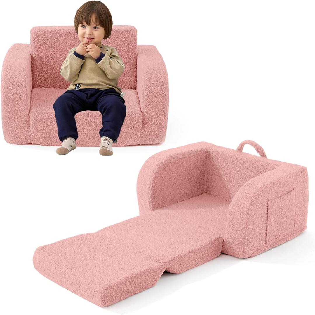 Toddler Couch, 2-in-1 Toddler Chairs Comfy 1-3 Years Old, Toddler Chair for Girls and Boys, Kids Couch Bed Fold Out, Convertible Baby Sofa to Lounge Chair for Playing, Reading, Napping, Pink