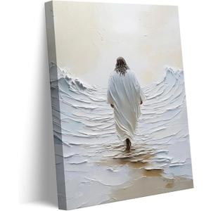 Jesus Walking On Water Canvas Wall Art Jesus Walking On Water Back Wall Decor Picturemodern Christian Bible Stories Poster Print Painting for Christian Home Decoration Prepare To Hang (16L" x 12W"-canvas)