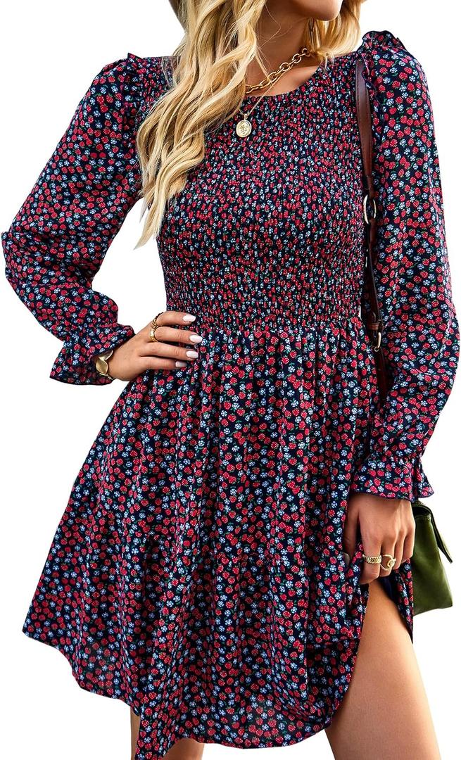 KIRUNDO Long Sleeve Dress for Women 2025 Summer Fall Wedding Guest Smocked Floral Crewneck Ruffle A Line Flowy Mini Dress (L)