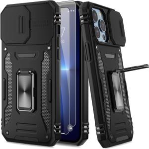 AUPAI for iPhone 13 Pro Max Case with Camera Protection and Screen Protector,Heavy Duty Military Grade Protective Phone Cover with Kickstand Black
