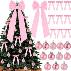 Gejoy Velvet Bow Christmas Tree Decoration Set, 30 Pcs Small Bows 1 Pcs 47" x 15.7" Large Tree Topper Satin Bows and 36 Christmas Balls Ornaments, Xmas Glitter Balls for Holiday Decor (Pink Velvet)