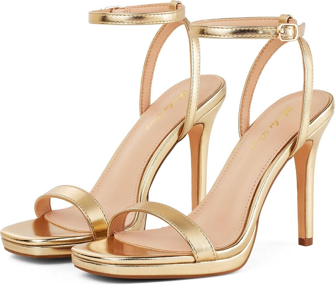 Elisabet Tang Womens Stilettos Heeled Sandals Open Square Toe Heels,4.3 Inch Open Toe Strappy Sexy High Heels Ankle Strap Buckle Heels for Party Wedding Dress Daily Wear Shoes (8, Gold)