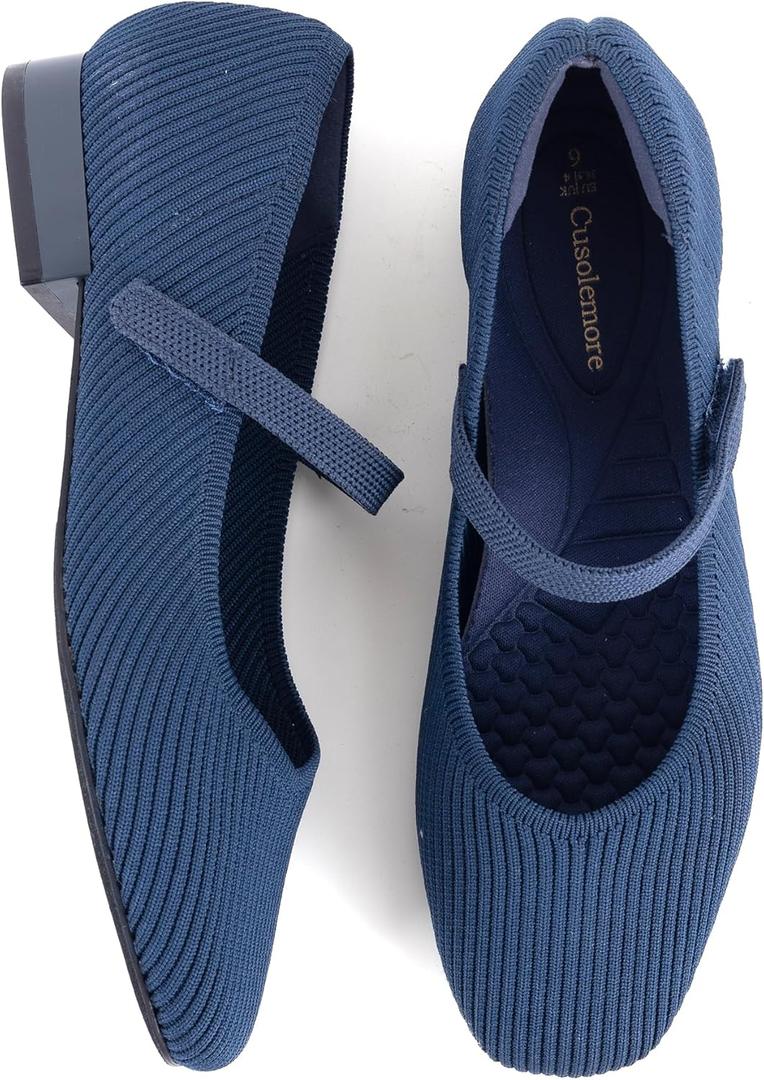 Women's Mary Jane Flats with Arch Support, Square Toe Ballet Flats, Comfortable Knit Dress Shoe (6, Navy Blue)