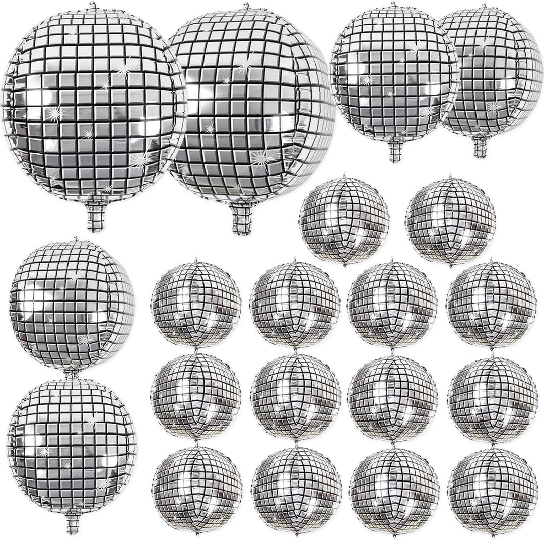 20Pcs Disco Ball Balloons Different Sizes- 4D Large Disco Balloons 32 22 10 Inch Assorted Round Metallic Silver Mylar Balloon for 70s 80s Disco Themed Birthday New Year's Party Decor Supplies