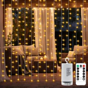 Battery Operated Curtain Lights,9.8ft9.8ft 300 LED Curtain Lights with Remote Timer 8 Modes, Waterproof Hanging Fairy Lights for Outdoor Indoor Wedding Christmas Decor (Warm White)