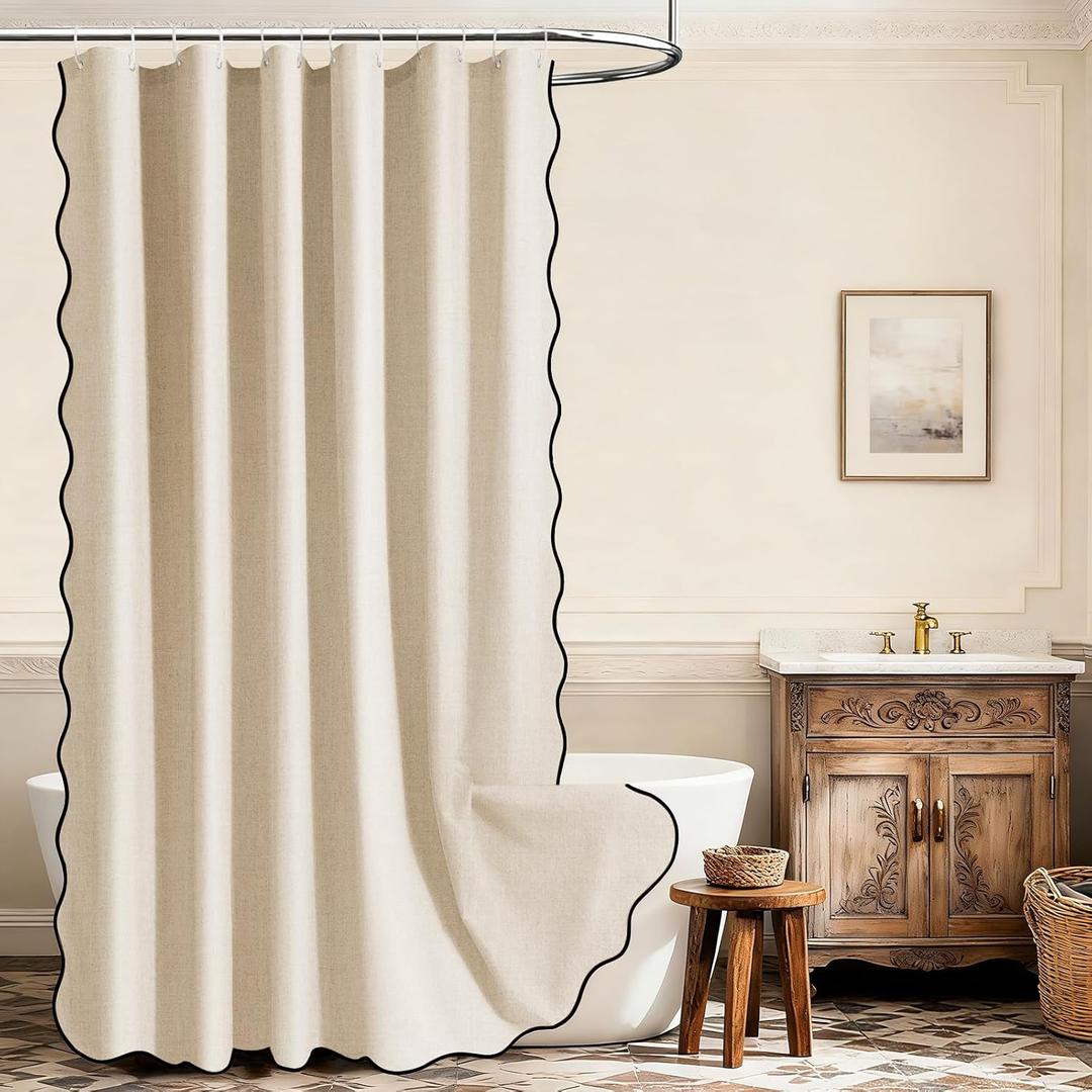 Beige Scalloped Long Shower Curtain with Black Border - Heavy Duty Polyester Shower Curtains for Bathroom, Waterproof & Washable, 72x78 Inches with 12 Hooks