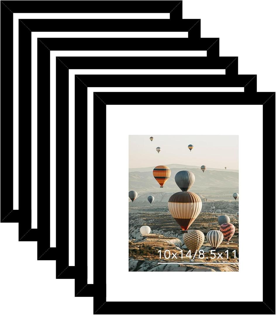 JCJMY 10x14 Picture Frame Set of 6 for 30 x 40 cm Diamond Art Painting, Display 8.5x11 with Mat or 10x14 without Mat, Wood 10 by 14 Wall Gallery Poster Photo Frames Bulk with 8.5x11 Mat,6 Pack, Black