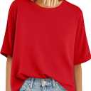 YUCOLEN Women's T Shirts Oversized Full Cotton Summer Tops Short Sleeve Crewneck Casual Loose Fit Basic Tee Shirts (Red)
