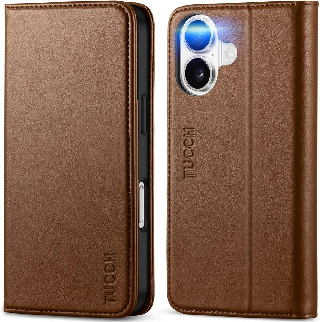 TUCCH Case Wallet for iPhone 16, PU Leather [Kickstand] Folio with RFID Blocking 3 Card Holder, Flip Book Cover [Protective TPU Interior Case] Compatible with iPhone 16 5G, Brown