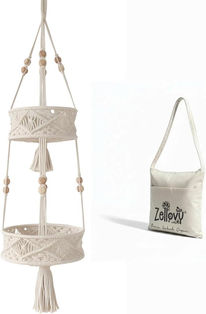 2 Tier Hanging Basket, Macrame Hanging Basket for Fruit and Vegetable Storage, Cotton Rope Woven Baskets for Kitchen, Decorative Boho Decor Hanging Plant Holder, Boho Decor for Indoor Plants