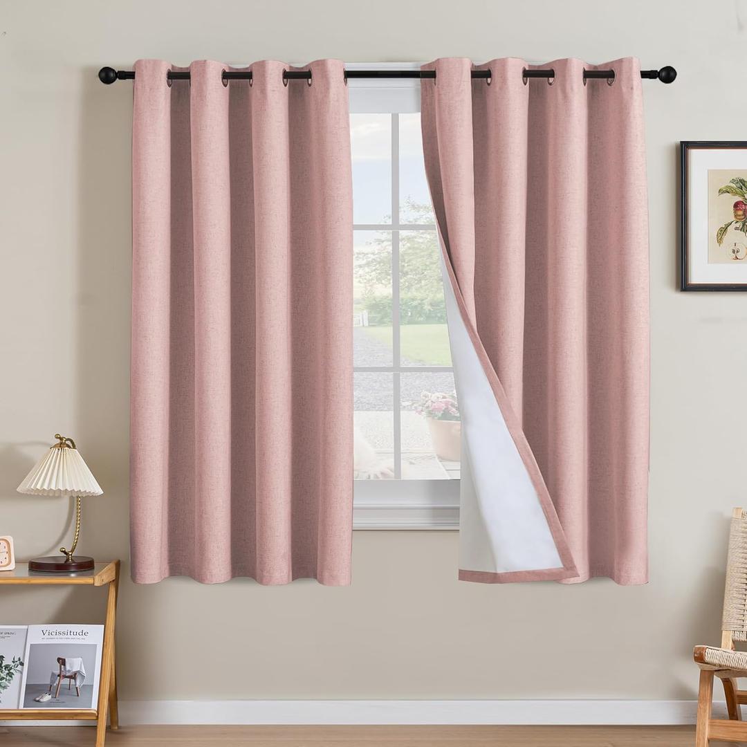 H.VERSAILTEX Linen Curtains 100% Blackout Curtains for Bedroom 63 inch Long Full Light Blocking Nature Linen Blended Window Curtains for Living Room Nickel Grommet (2 Panels, Heathered Baby Pink)