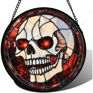 Stained Glass Window Hanging - Halloween Decorations White Skeleton Suncatcher for Doors Garden Indoor Spooky Funny Red Sun Catchers Gothic Decor Horror Gifts for Women Men Friend 6.3 in (Orange and Red)