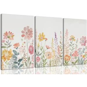 ZQARTZZQ Framed Colorful Wildflower Canvas Wall Art, Floral Wall Art, Watercolor Flower Wall Decor Flowers Pictures Prints Floral Painting Set of 3 for Living Room Girls Bedroom Bathroom 12x16in
