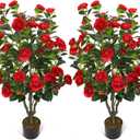 2 Pack Artificial Camellia Tree 42" Faux Floral Trees with 36 Red Blooming Flowers Tall Camellia Plant in Cement Pot with Dried Moss for Porch Front Door Office Shop Home Room