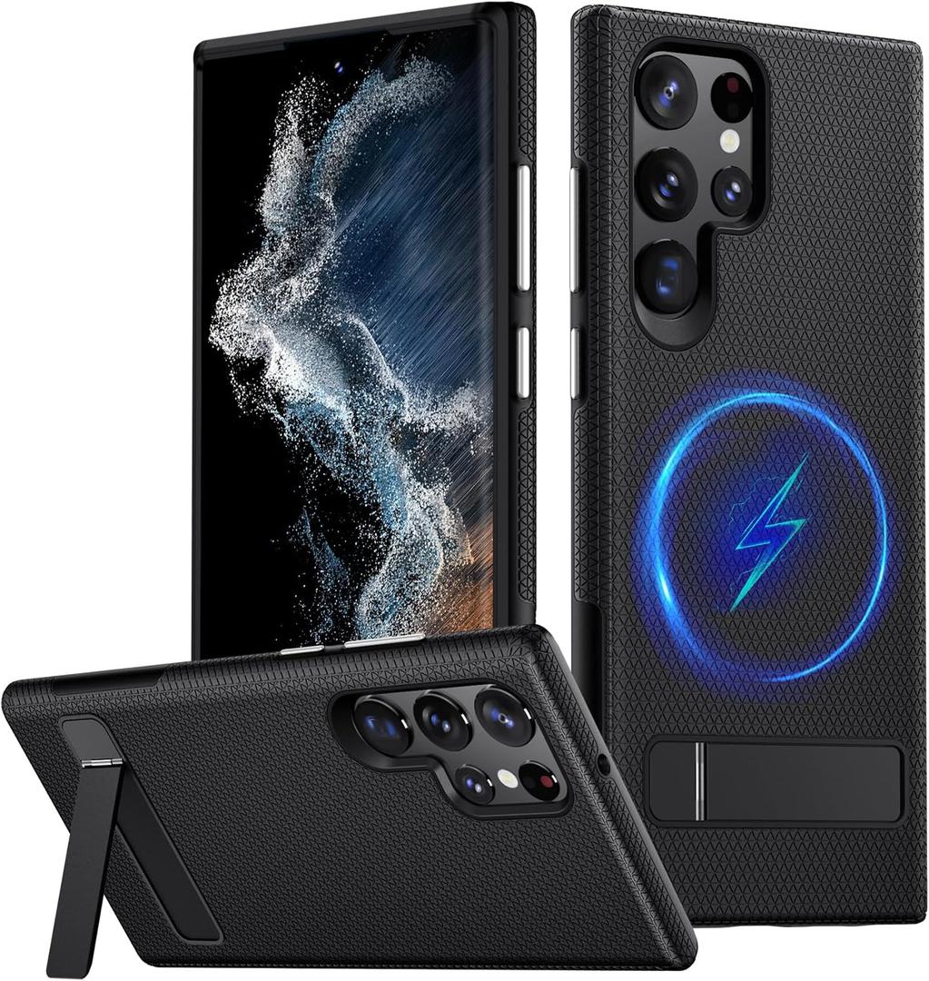 for Samsung Galaxy S22 Ultra Magnetic Case, [Fit for Magsafe] Military Grade Dual-Layer Shockproof Protective with Non Slip Textured Back, Phone Case with Kickstand for S22 Ultra (Black)