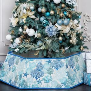 Soulchen 31.5 Inch Coastal Christmas Tree Collar Starfish Ocean Beach Blue Hexagon Fabric Collapsible Skirt Xmas Tree Collar for Artificial Trees Festive Holiday Nautical Decoration