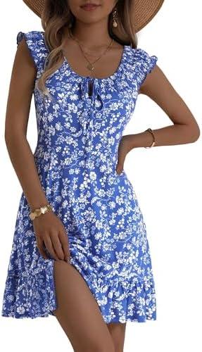 TORARY Women Cute Cap Sleeve Tie Scoop Neck Spring Summer Beach Vacation Boho Dresses 2025 Mini Sundress with Pockets , XL