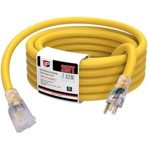 EP 25 Ft Lighted Outdoor Extension Cord - 10/3 SJTW Heavy Duty Yellow Extension Cable with 3 Prong Grounded Plug for Safety, UL Listed