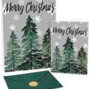 GEEORY Boxed Christmas Greeting Cards 5" x 7" Watercolor Xmas Tree & Snowflake (24 with Envelopes & Stickers) | Bulk Holiday Cards for Winter Gifting Green Grey GH003