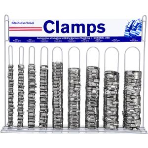 Assortment Hose Clamp Display Automotive Assortment with 1 PC Empty Display Rack 200pcs 304 Stainless Steel Multiple Size Worm Gear Hose Clamp for Fuel Line Plumbing Mechanical Application