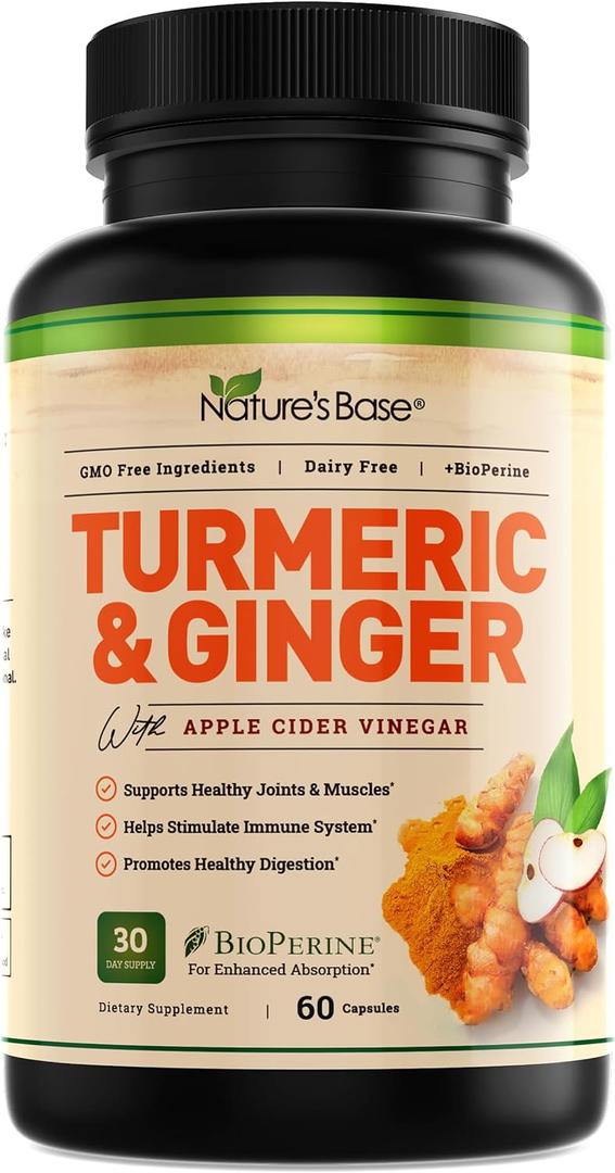 Nature's Base Turmeric and Ginger Supplement - with Curcumin, Apple Cider Vinegar & BioPerine Black Pepper Extract - 95% Curcuminoids - 60 Capsules (60 Count (Pack of 1)