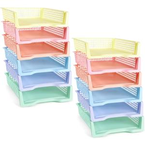 Set of 12 Pastel Turn in Trays for Teachers Stackable Classroom Paper Letter Trays Plastic Classroom Desk Letter Organizer Tray Storage Baskets for Library, Drawers, Office, Home